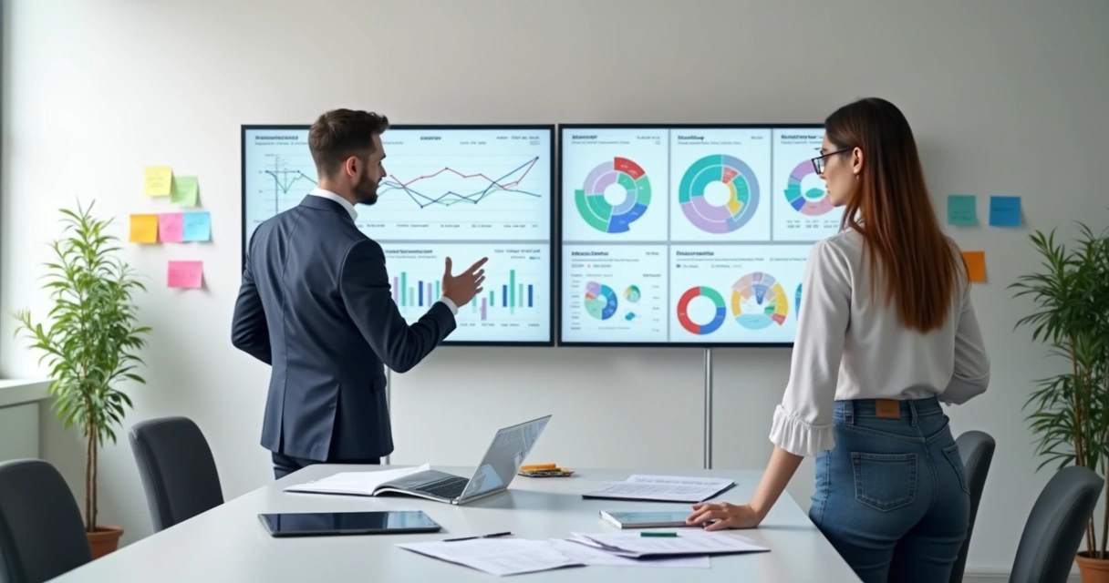 Dois profissionais analisando gráficos e relatórios financeiros em telas grandes e anotações na mesa 