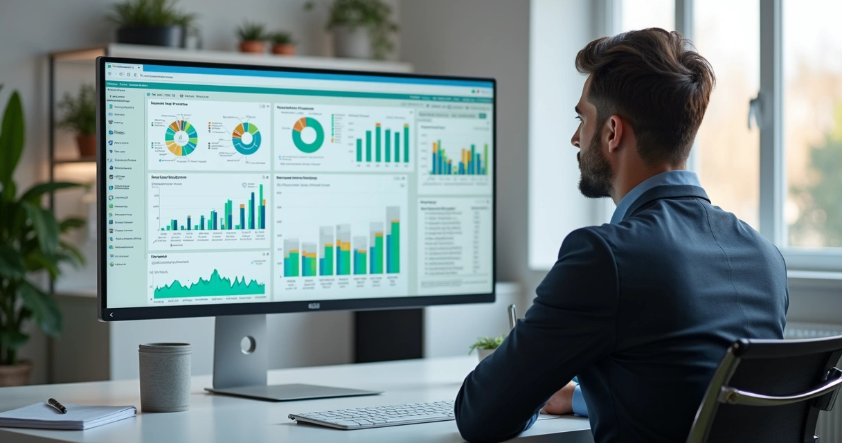 Pessoa analisando relatórios digitais e gráficos financeiros em tela de computador com ambiente moderno de escritório