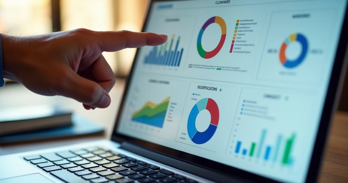Dashboard de relatórios LMS exibido em notebook corporativo 
