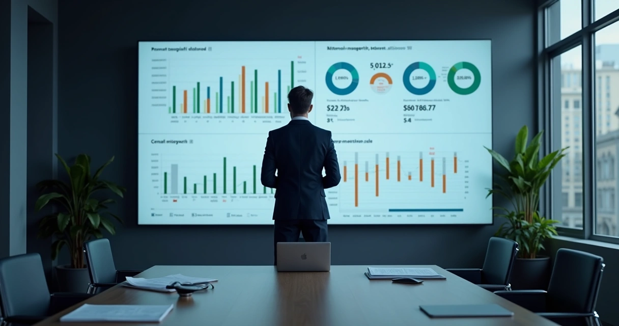 Empresário analisando relatórios financeiros em tela grande 