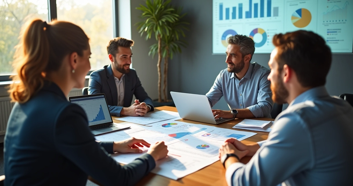 Equipe analisa relatórios de viagens em reunião 