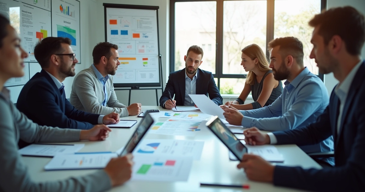 Equipe analisando relatórios de desempenho em uma mesa de reunião 