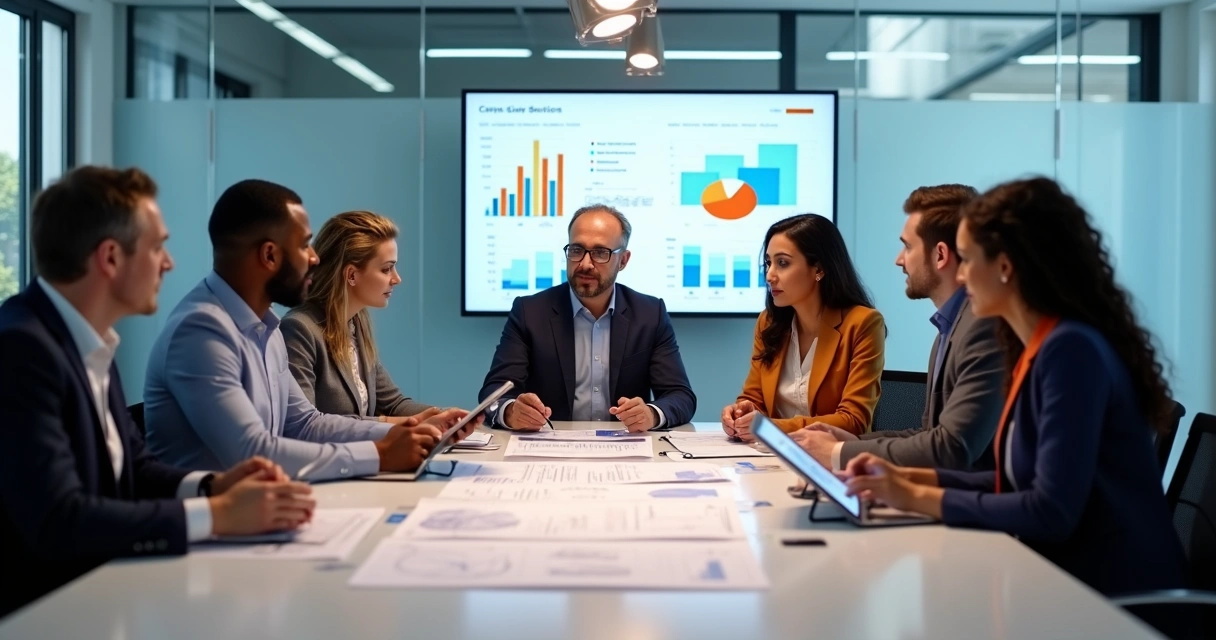 Equipe de vendas analisando relatório de captação de obras 