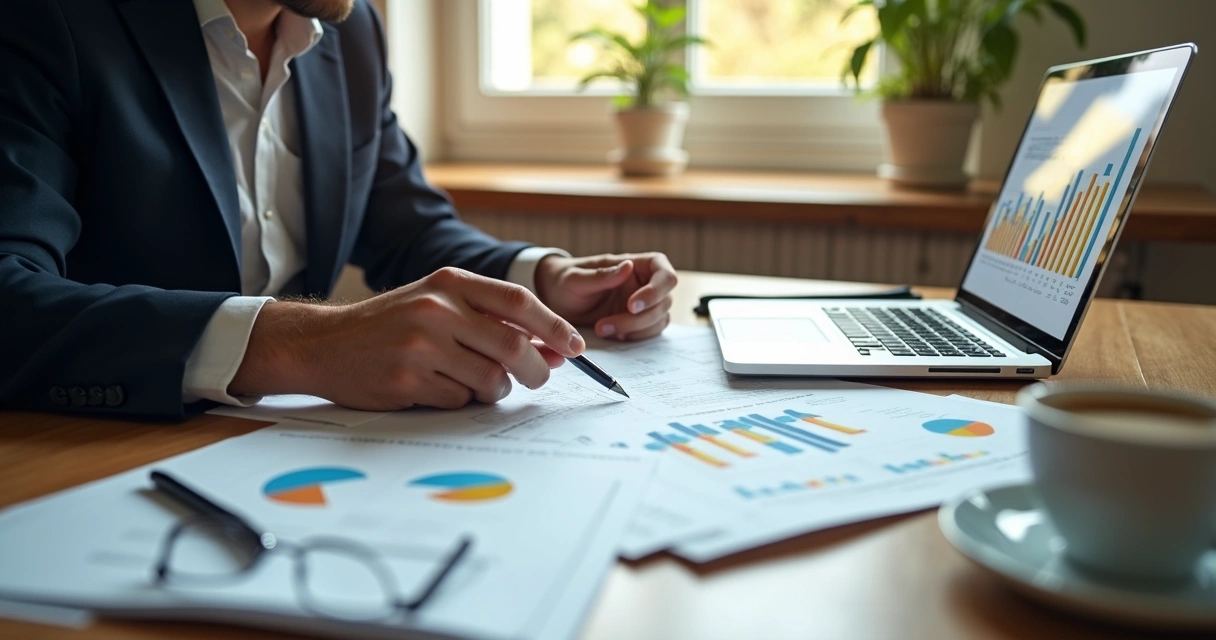 Pessoa analisando relatórios de fundos imobiliários em mesa com gráficos e notebook