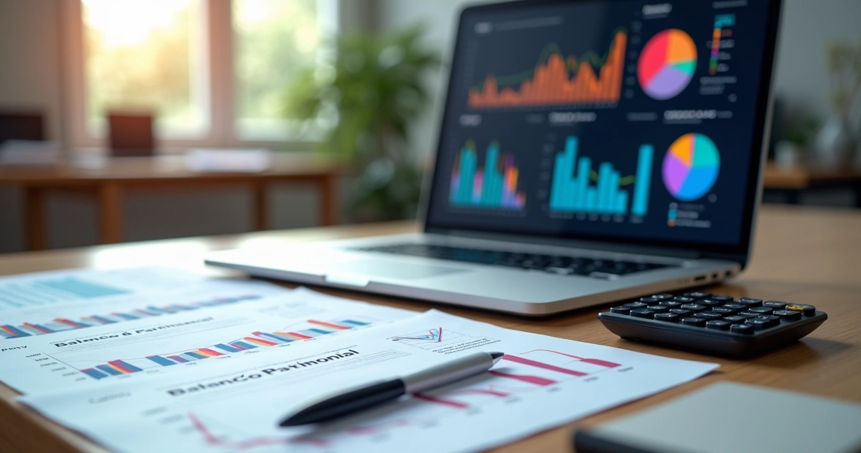 Mesa de escritório com laptop aberto mostrando gráficos financeiros, ao lado três documentos com títulos DRE, DFC e Balanço Patrimonial e calculadora 