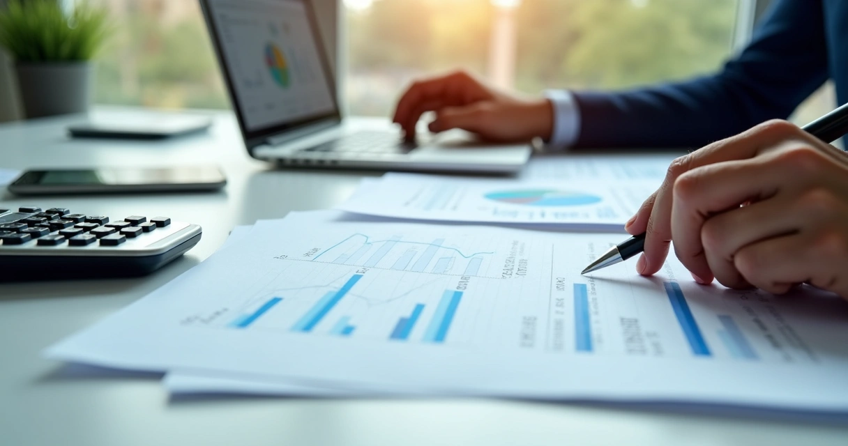 Relatórios financeiros com gráficos e calculadora em mesa de trabalho