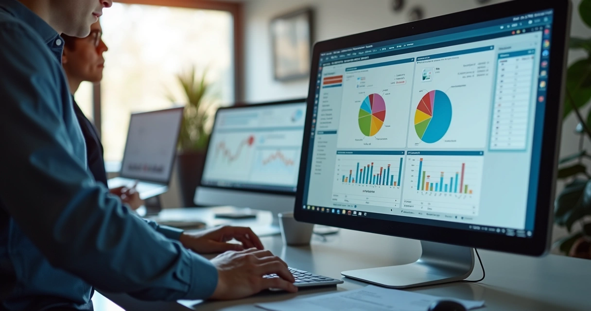 Pessoa analisando relatórios financeiros digitais com gráficos e planilhas em ambiente de escritório 