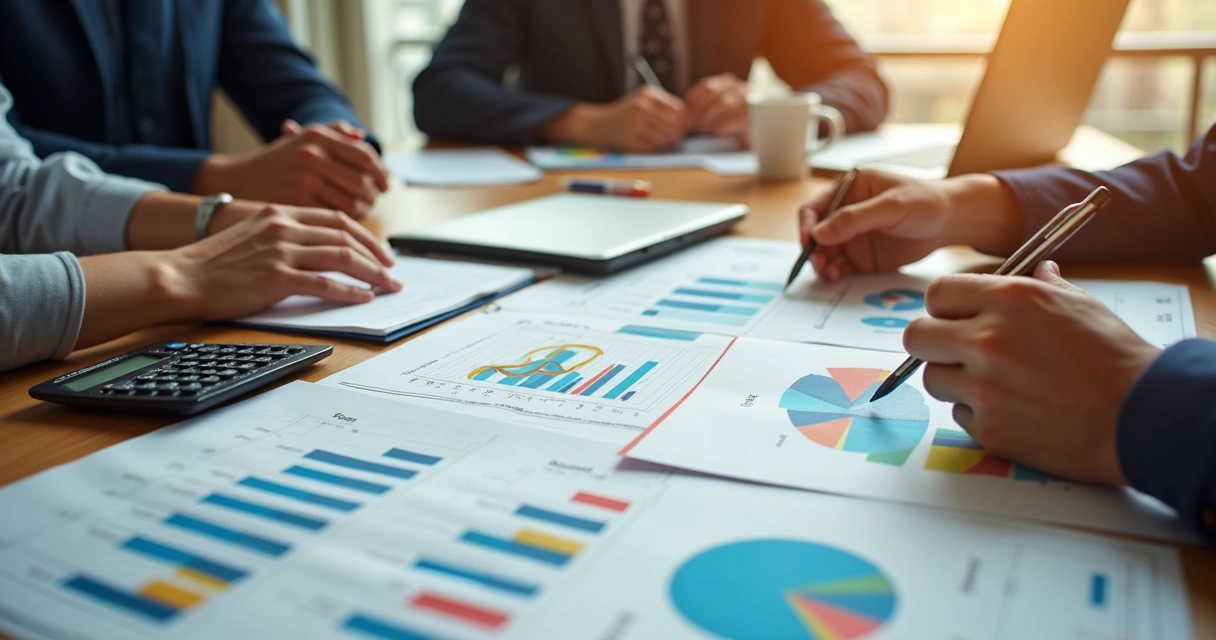 Relatórios financeiros sendo analisados em mesa de escritório com gráficos coloridos em destaque 