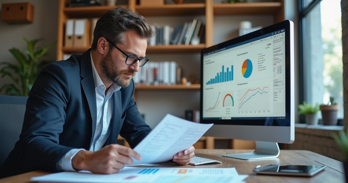 Administrador analisando relatórios gerenciais de pequena empresa 
