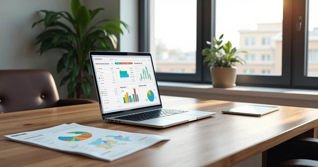 Relatórios de desempenho imobiliário destacados na tela de um notebook com gráficos e indicadores em destaque. 