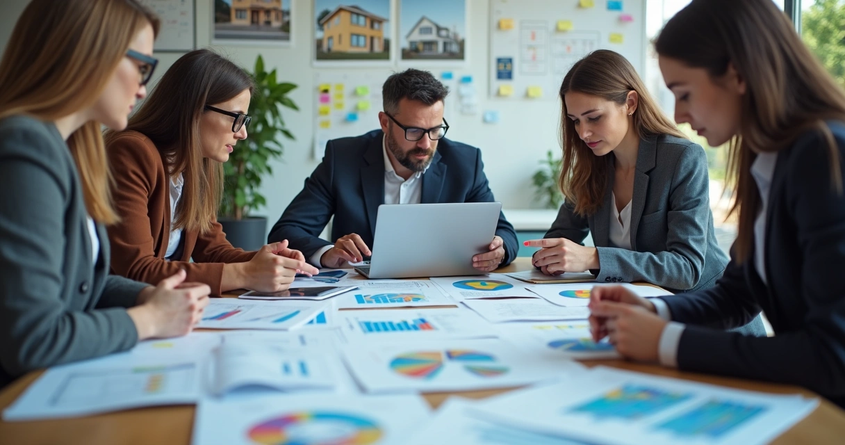 Equipe analisando relatórios de vendas imobiliárias juntos. 