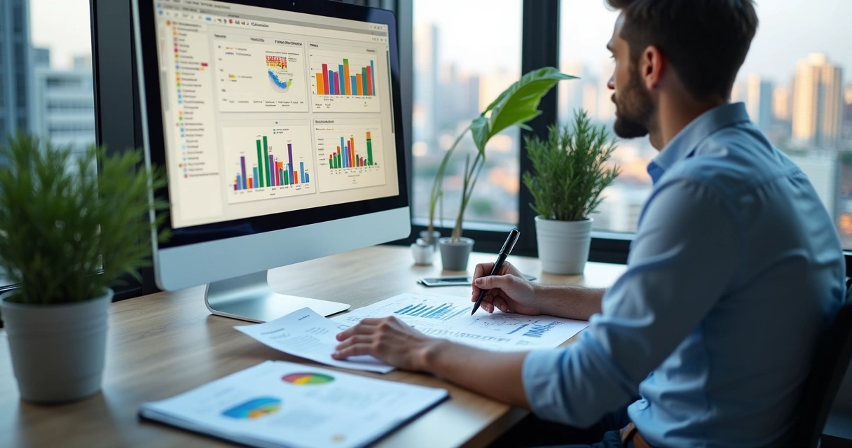 Profissional analisando relatórios imobiliários no computador