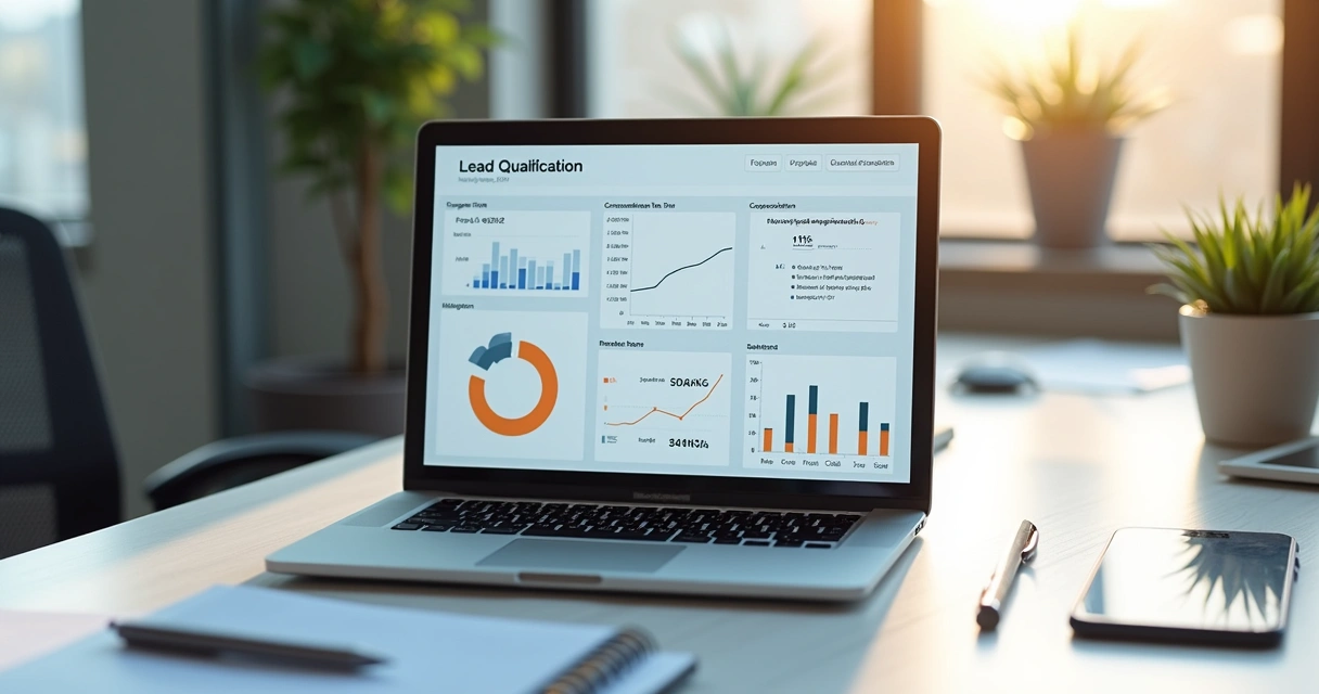Dashboard de qualificação de leads em notebook sobre mesa de escritório 