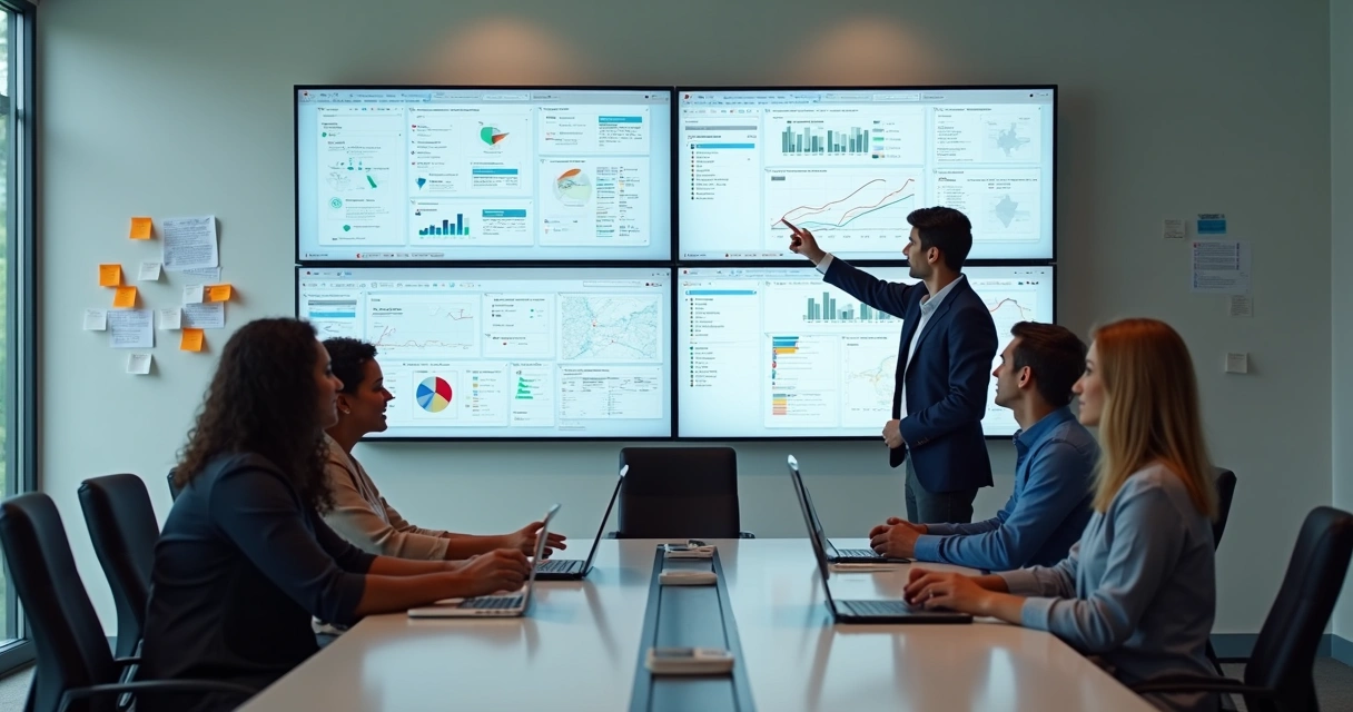 Equipe analisando relatórios de marketing digital na tela 