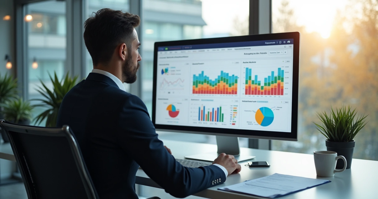 Gestor analisando gráficos de desempenho de anúncios em marketplace 