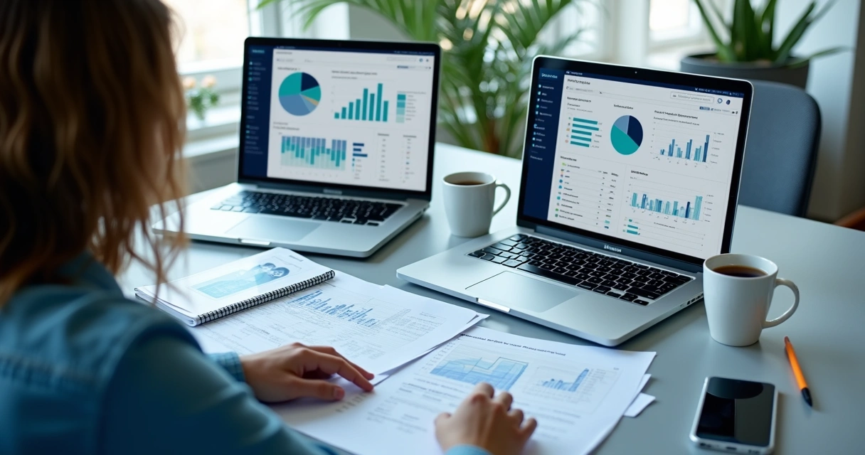 Profissionais analisando relatórios de mídia e métricas de comunicação 
