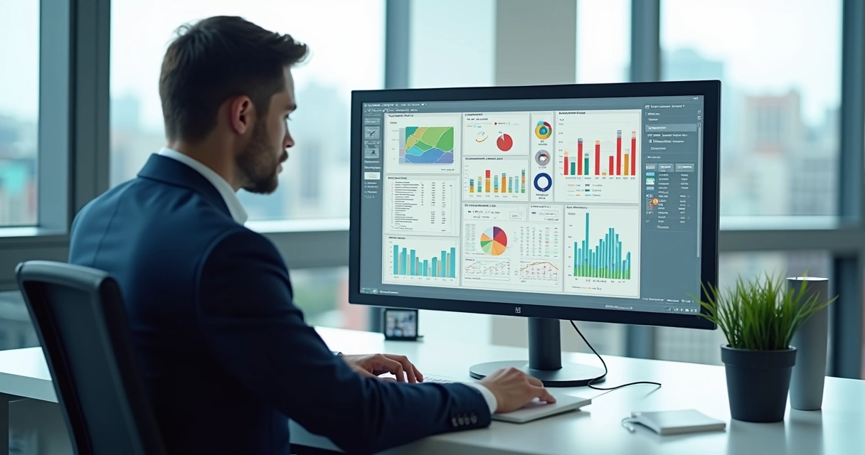 Profissional analisando relatórios de um sistema financeiro em tela de computador 