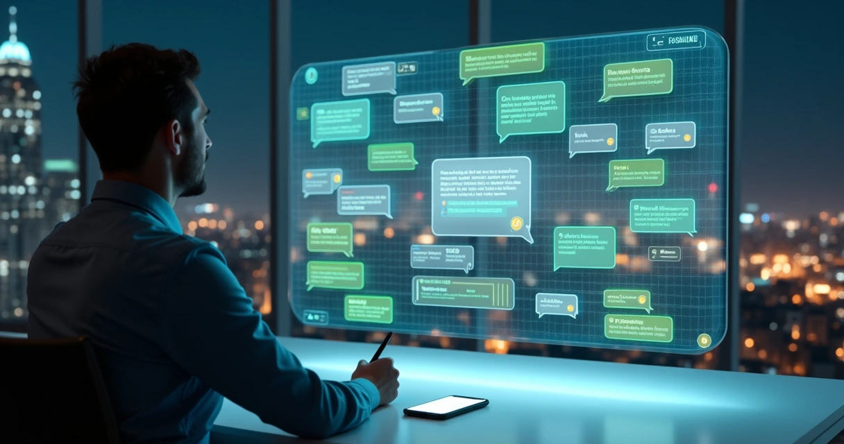 Pessoa analisando relevância de mensagens em quadro transparente com ícones de conversa 