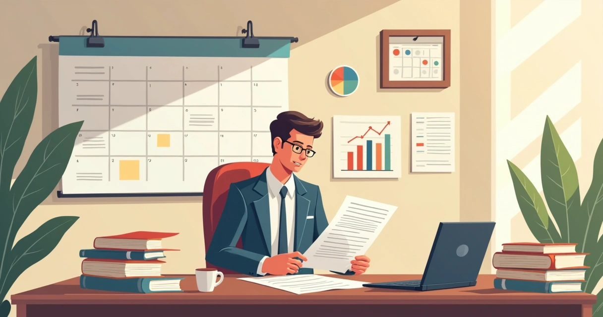 Profissional de alta renda analisando documentos de afastamento em sua mesa 