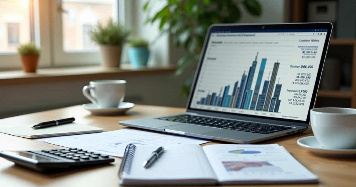 Mesa de escritório com calculadora, caderno de anotações e laptop mostrando gráficos financeiros sobre imóveis comerciais 