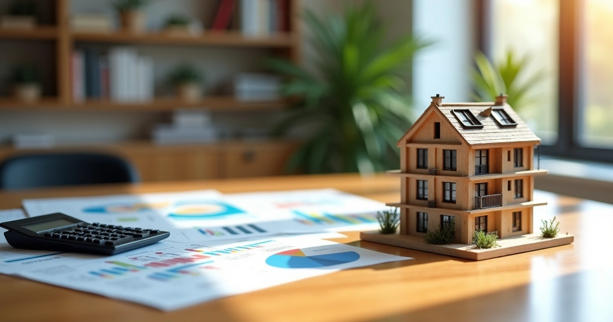 Mesa com calculadora, gráficos financeiros e maquete de apartamento em ambiente claro 