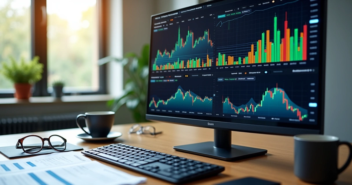 Gráfico financeiro com barras e linhas mostrando rentabilidade relativa e absoluta de investimentos no computador 