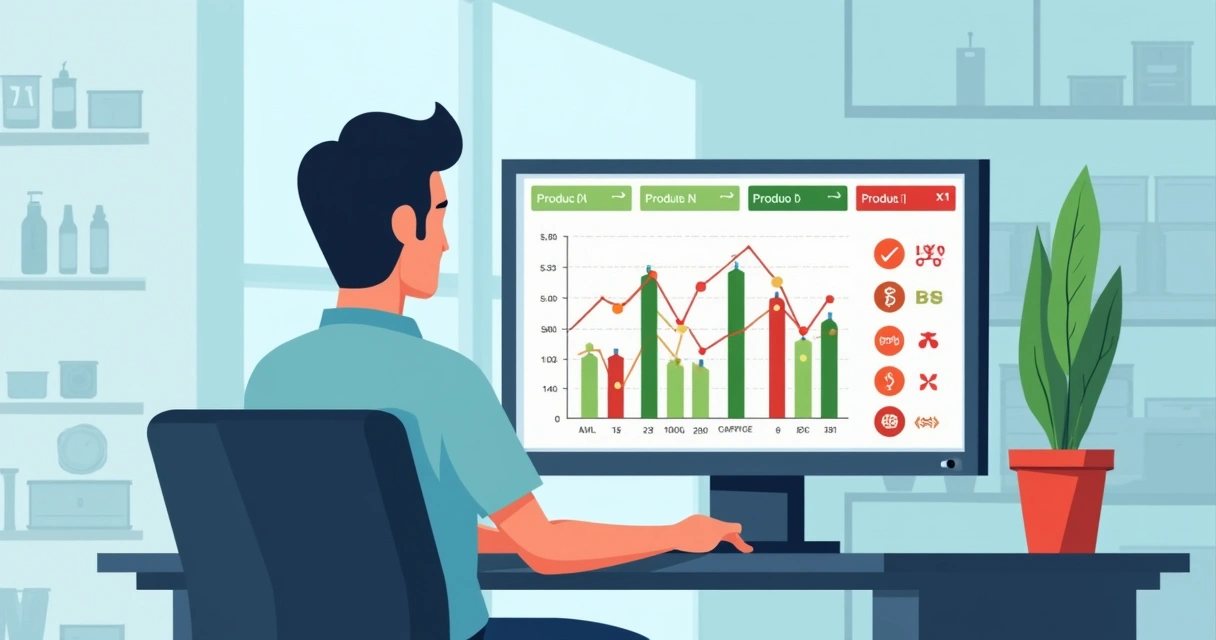 Gestor analisando grafico de rentabilidade por produto na tela do computador 