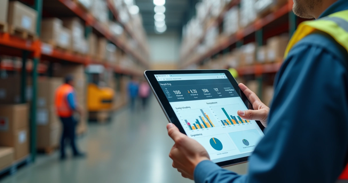Profissional analisando dados de estoque em tablet no piso da fábrica 