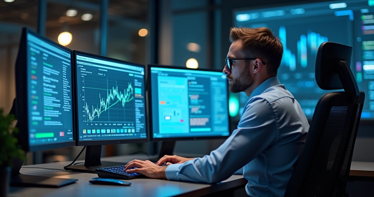 Profissional analisando reputação na internet com telas de redes sociais e notícias abertas 