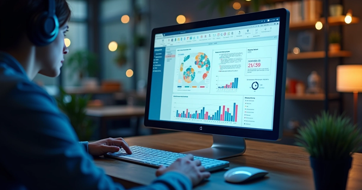 Computador mostrando gráficos detalhados de análise de reputação com menções e sentimento de influenciadores digitais 