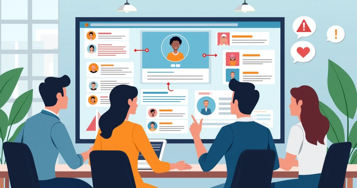 Equipe analisa gráficos e redes sociais de influenciador em tela 