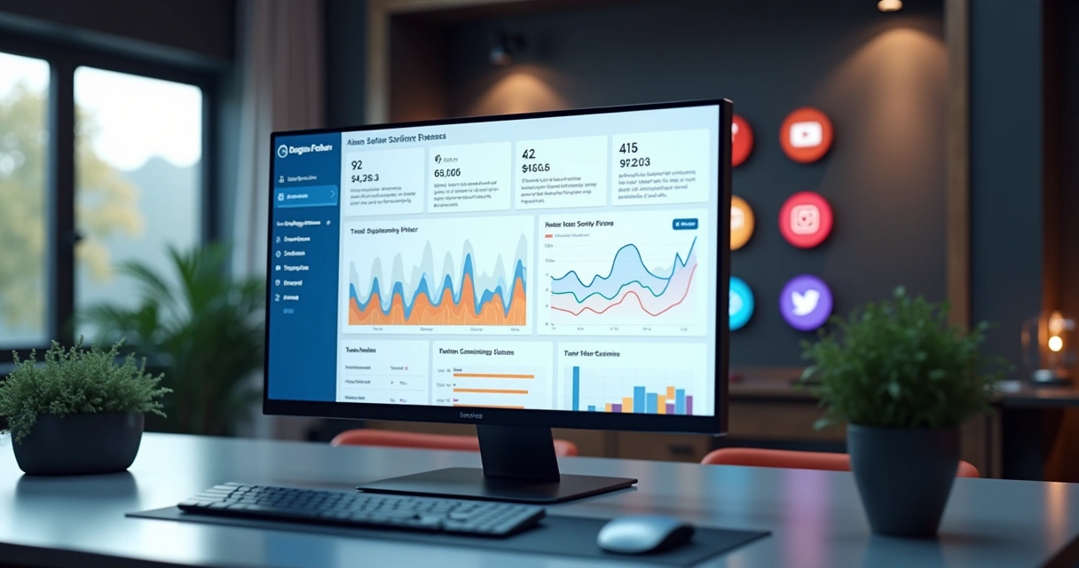 Painel digital com análise de reputação de influenciador, gráficos coloridos e redes sociais ao fundo 
