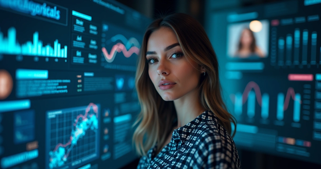 Painel digital mostrando análise de reputação de influenciadora, gráficos e menções de redes sociais
