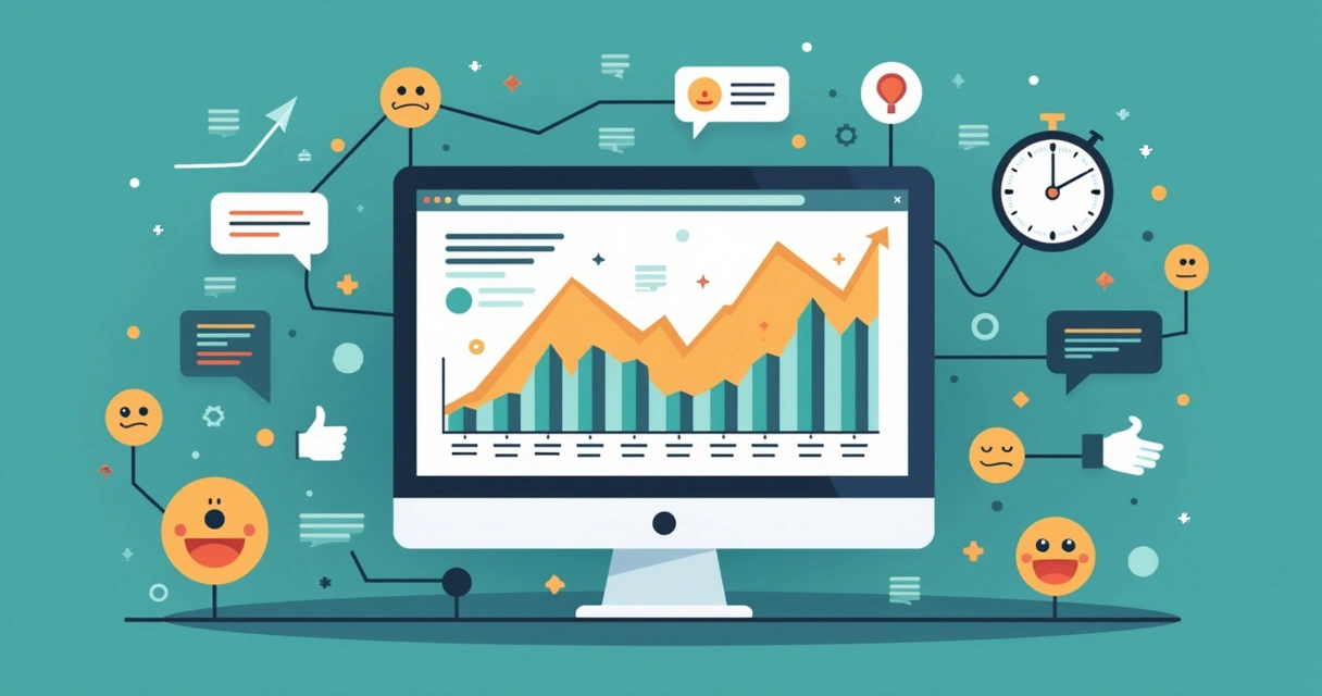 Ilustração corporativa plana mostrando análise digital de reputação com gráficos, menções e algoritmos 