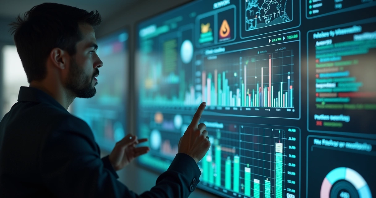 Pessoa analisando gráficos em tela digital com ícones de redes sociais e dados de influenciadores 