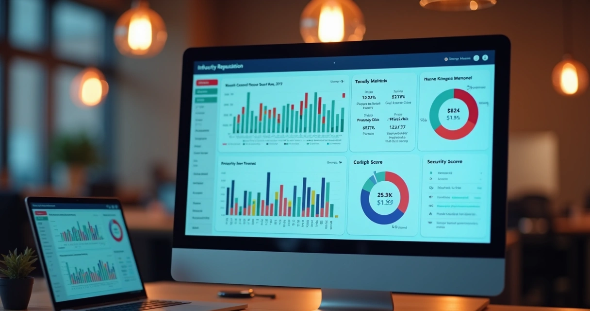 Tela com análise de dados de influenciadores mostrando gráficos de menções e score de segurança 