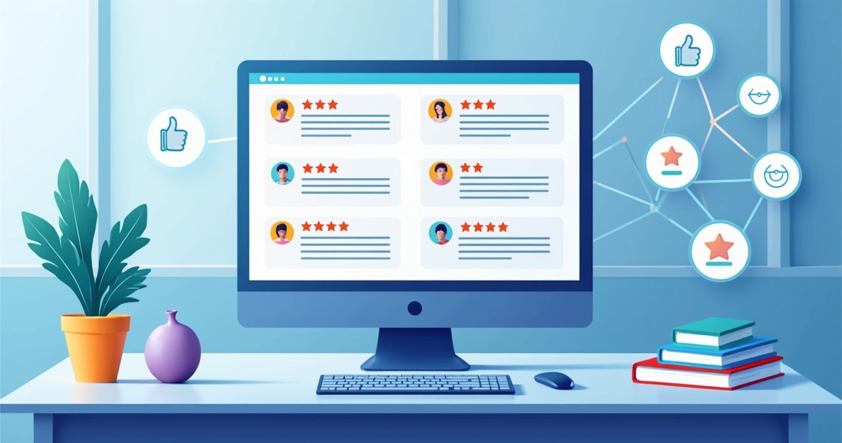 Painel digital mostra avaliações positivas e negativas em ilustrações corporativas