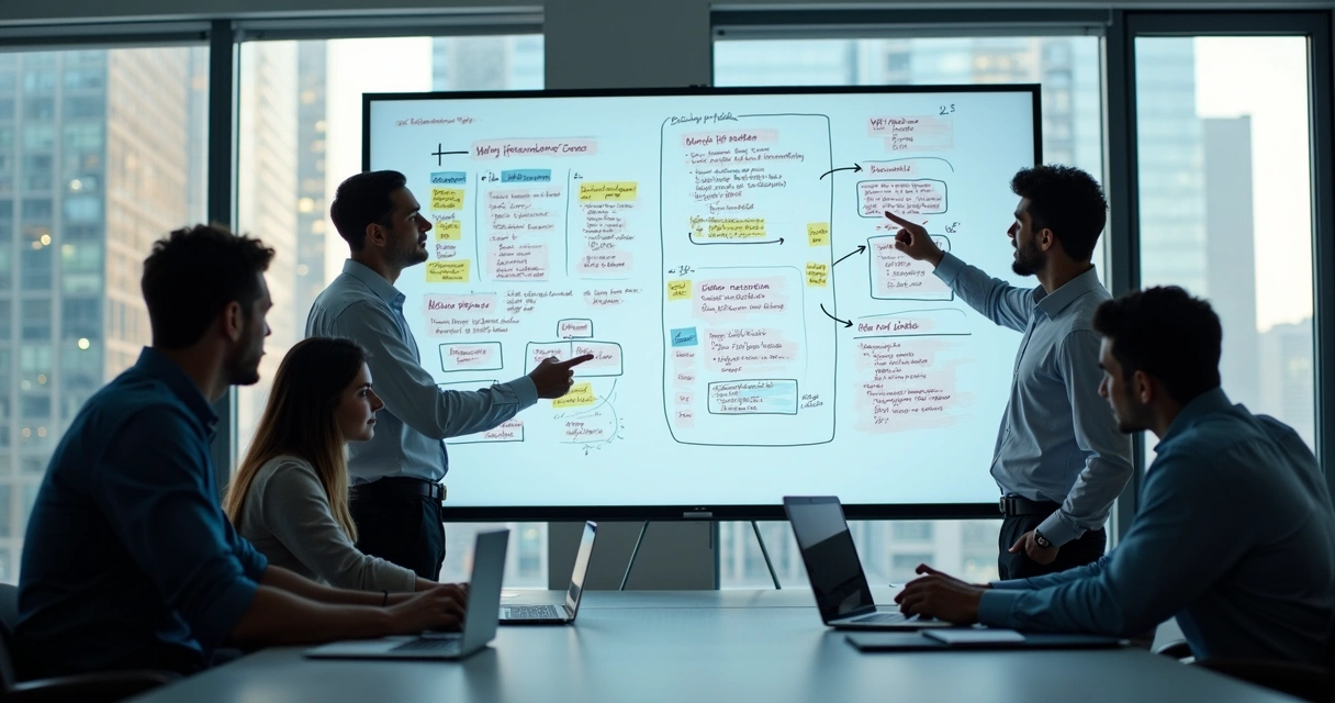 Equipe de TI analisando requisitos em um quadro digital 