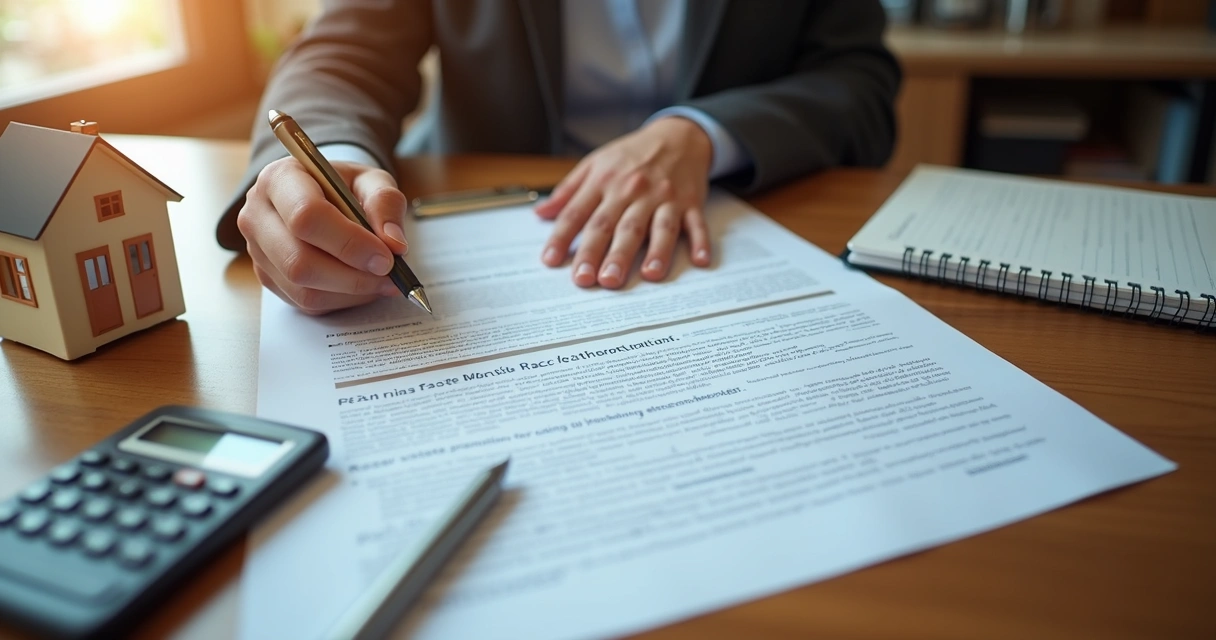 Pessoa analisando documentos de rescisão imobiliária em escritório 