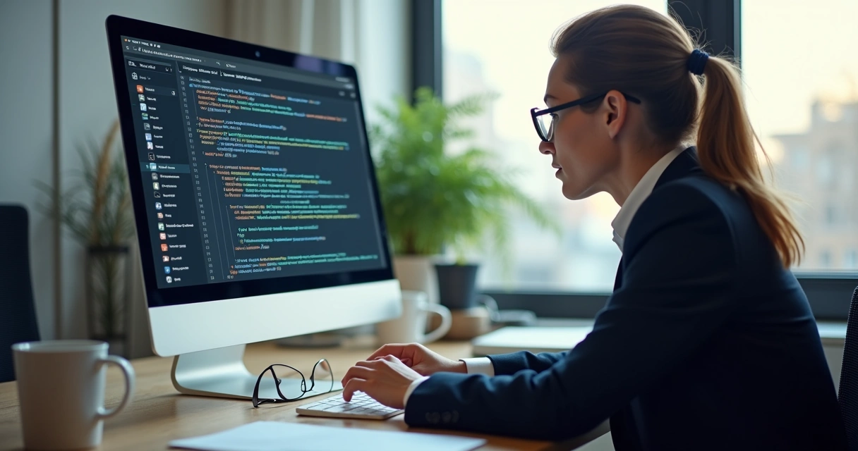 Pessoa analisando tela de computador com resposta de IA em ambiente de trabalho moderno 