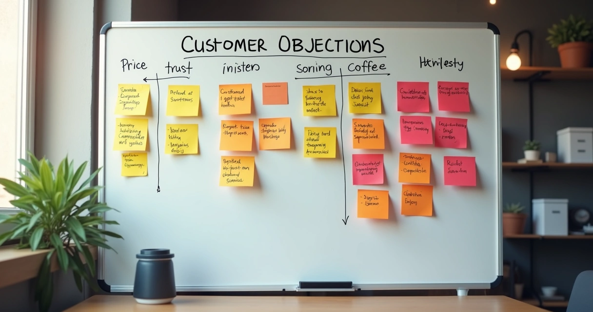 Quadro branco com listas de objeções e post-its coloridos agrupados 