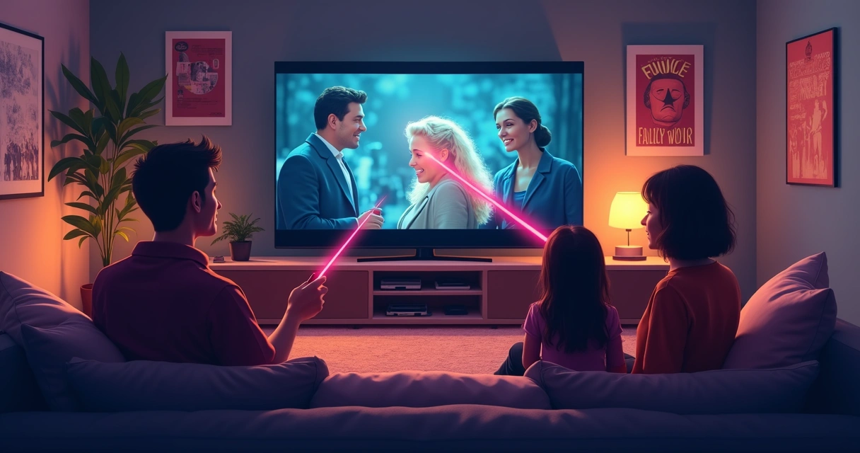 Pessoa assistindo filme clássico e apontando defeitos técnicos na tela 