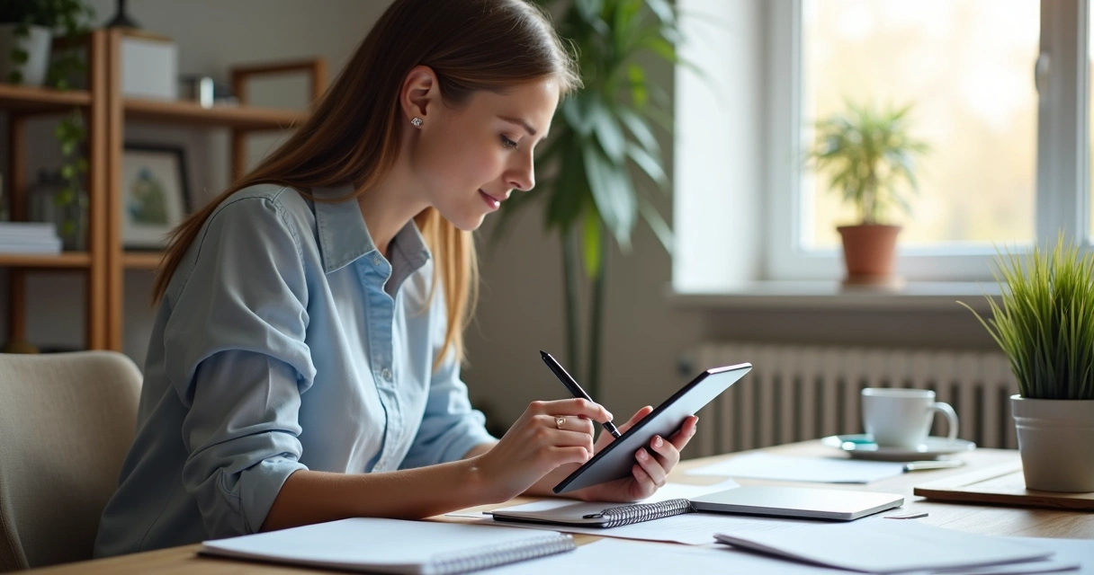 Jovem analisando resultados de buscas do Bing em tablet e notebook 