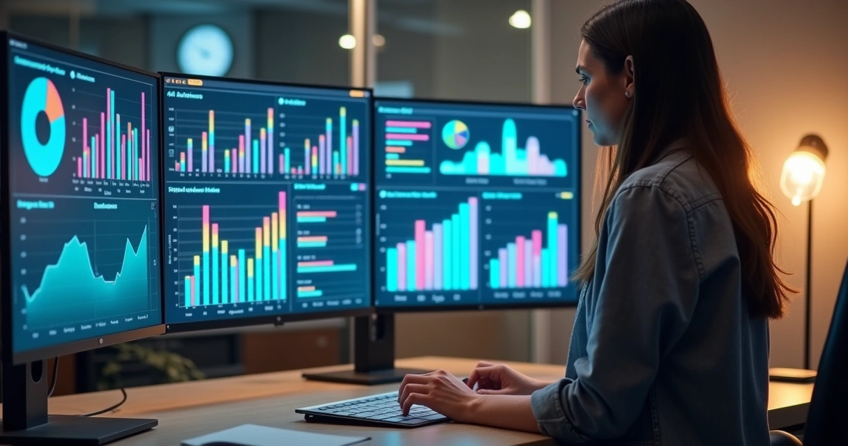 Gestora analisando gráficos de percepção de marca na tela 