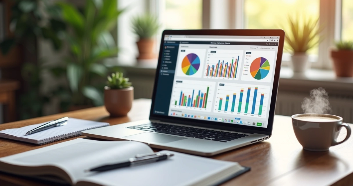 Mesa de trabalho com laptop exibindo gráficos de ROI, cadernos, caneta e café ao lado em ambiente de escritório iluminado 