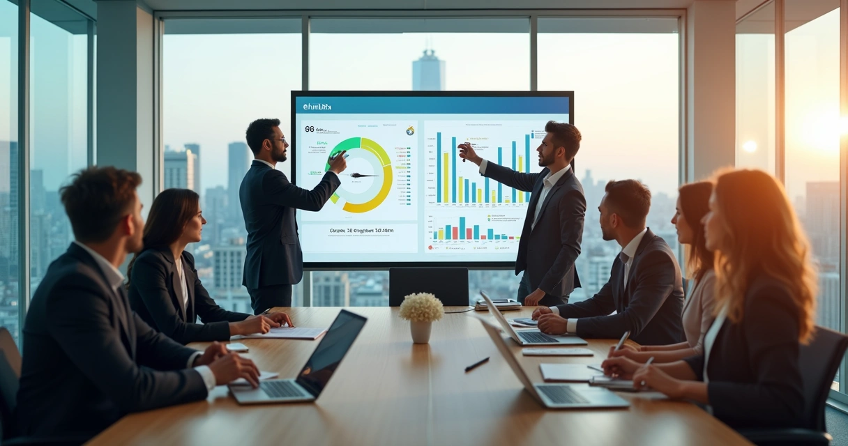 Time de RH analisando painel de resultados de pesquisa e-NPS em escritório moderno 