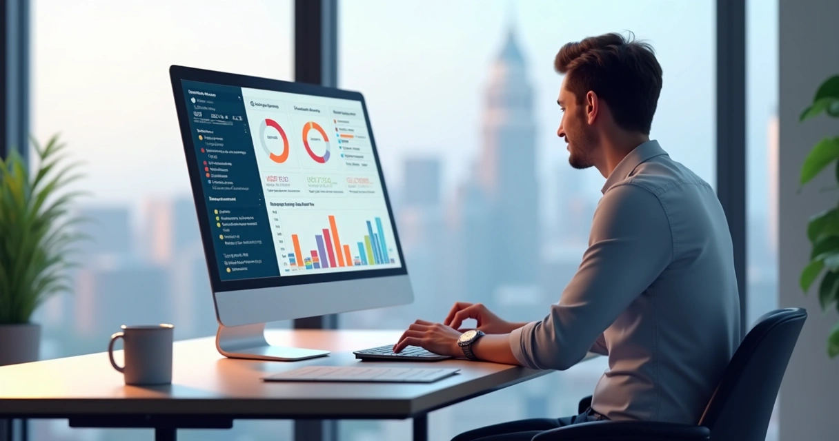 Profissional analisando resultados de atendimento automatizado em tela