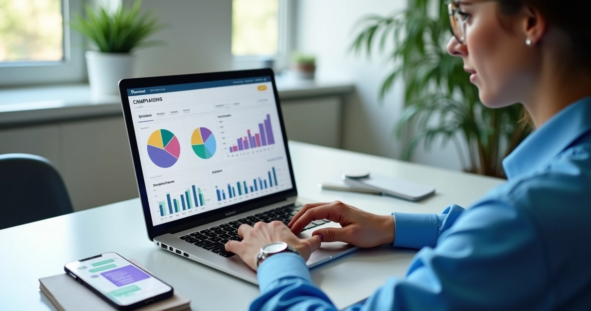 Profissional de marketing analisando campanha odontológica em laptop com dados e gráficos 