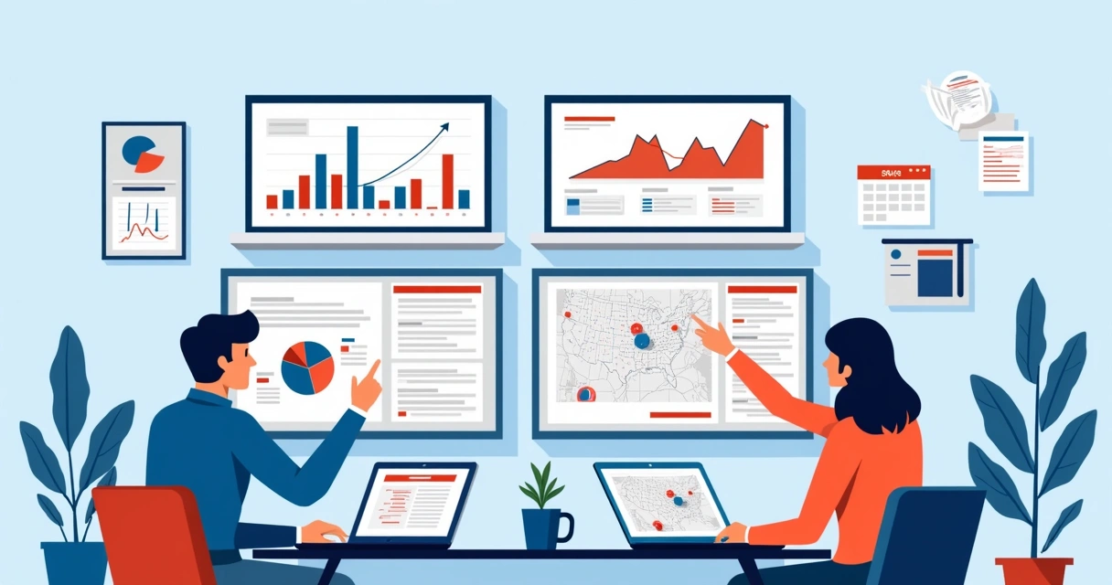 Equipe analisando dados de campanha política em diversos dispositivos 