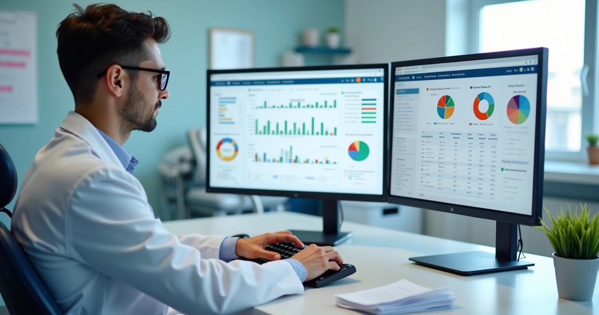 Profissional de odontologia analisando resultados em dois monitores 
